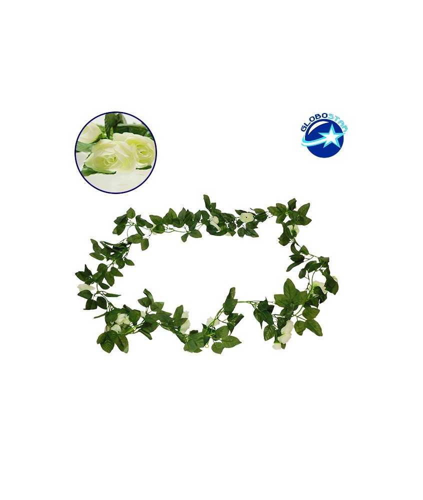 GloboStar® 09012 Τεχνητό Κρεμαστό Φυτό Διακοσμητική Γιρλάντα Μήκους 2.2 μέτρων με 32 X Μικρά Τριαντάφυλλα Λευκά